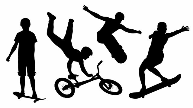 Dynamic silhouettes of skateboarders and BMX rider performing daring stunts, ideal for extreme sports branding and youth culture designs with modern edge