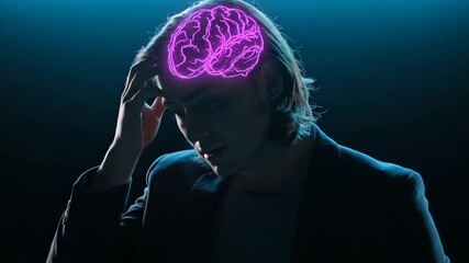 Man holds head in thinking pose. Neon brain overlay glows above mind. Mental strain and headache suggest cognitive struggle. Thought and brain imagery convey neuroscience concept. Portrait shows