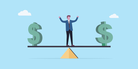 Achieving financial balance man on scales with dollar signs celebrating success