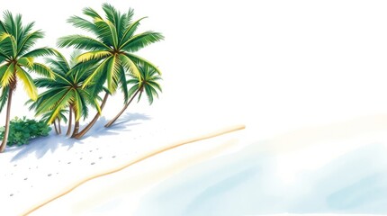 Tropical Paradise Dream: A serene coastal scene unfolds, featuring lush palm trees swaying gently on a sandy shore, embracing the calm turquoise water under a clear sky.