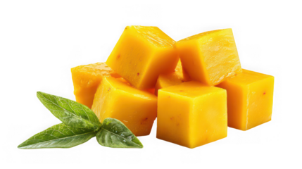 Diced ripe mango pieces with fresh green leaves, isolated on transparent background