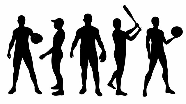 Dynamic baseball and basketball athletes, silhouettes poised for action, showcasing teamwork and sportsmanship in a modern, minimalist style for sports promotions