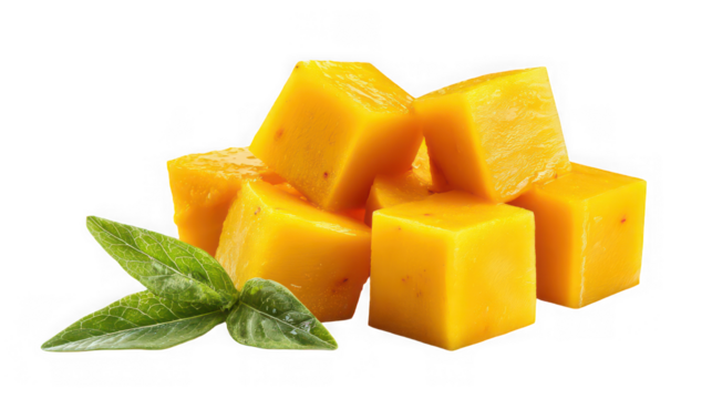 Diced ripe mango pieces with fresh green leaves, isolated on transparent background