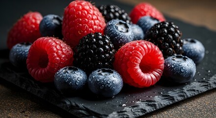 Macro close up of fresh raspberries blueberries and blackberries with water droplets