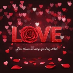 Red rose and sparkling love letters with scattered petals and heart bokeh romantic