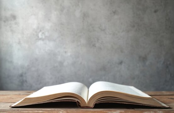 Open hardcover book rests on a rustic wooden table. A textured gray concrete wall serves as a simple backdrop. This scene invites reflection on learning, knowledge, and the joy of reading.