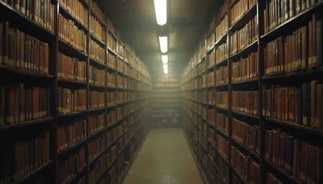 Dimly lit narrow aisle between tall shelves packed with old books. Dusty atmosphere in a classic library stacks, vast collection of knowledge, historical archives, a place for study and research.