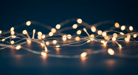 Abstract background of glowing golden fairy lights creating a beautiful bokeh effect on a dark blue surface, perfect for festive holidays