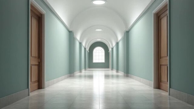 Serene and Bright Hallway with Arched Ceilings and Natural Light Illuminating a Peaceful Interior Space 4k video footage