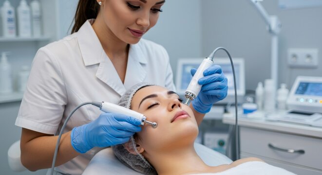 Woman receiving microcurrent therapy from female cosmetologist. Face skin rejuvenation treatment. Professional beauty salon procedure for anti-aging.