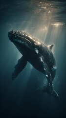 Fototapeta premium Big humpback whale swimming underwater near the surface of the blue ocean with sunlight shinning through