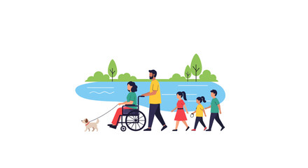 Diverse family enjoys a joyful park outing with a dog, celebrating inclusion and togetherness by a serene lake with lush greenery