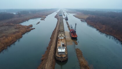 Large industrial barge and crane ship work on river channel widening project. Dredging boat excavates sediment, moving earth from riverbed. Heavy machinery improves waterway for transport.