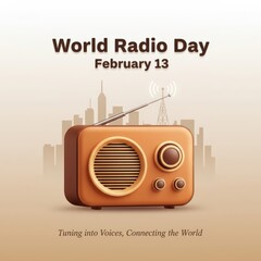 Retro radio with antenna and city skyline for World Radio Day vintage technology