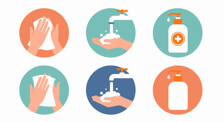 Illustrative guide showcasing hand hygiene practices, including wiping, washing with soap, and using sanitizer.
