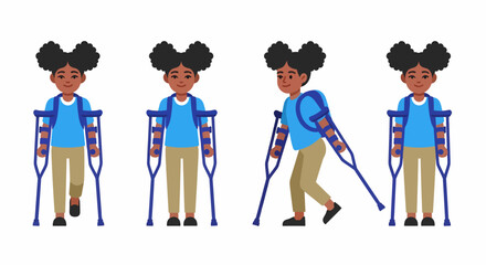 A young Black girl with crutches in various poses, illustrating mobility, recovery, and determination.