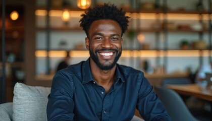 Naklejka premium Smiling black man sits in chair, looks at camera. Confident businessman wears dark shirt indoors. Person poses in modern office or cafe interior.