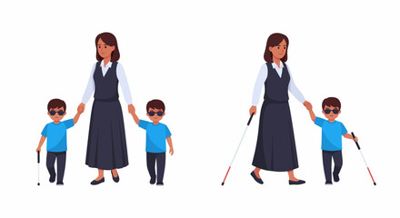Woman assisting a visually impaired child with a cane, walking together in a supportive manner.