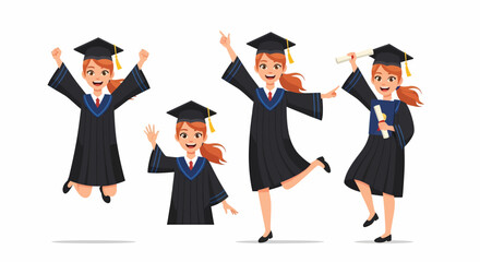 Illustration of a happy female graduate in various poses.