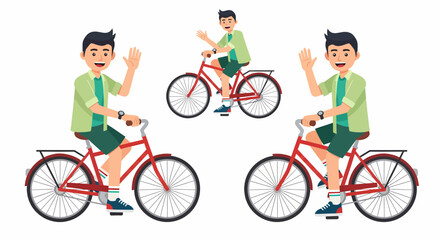 Illustration of a man riding a red bicycle and waving.