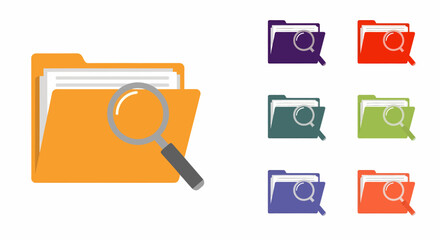 Colorful folder icons with a magnifying glass symbol for searching and finding documents or files.