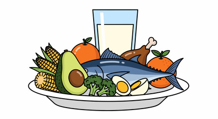 A plate filled with a variety of healthy food items including fish, chicken, eggs, vegetables, fruits, and a glass of milk.