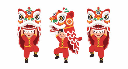 Three cartoon children performing a traditional Chinese lion dance in red costumes.
