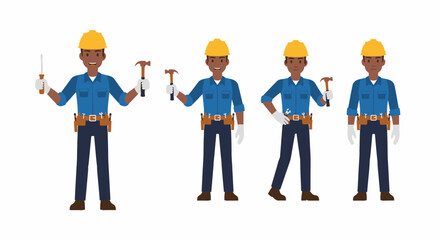 Four illustrations of a construction worker wearing a yellow hard hat and holding tools.