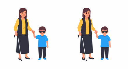 Woman and child with sunglasses holding hands, woman using a cane, both standing.