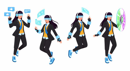 A woman in a business suit and VR headset interacting with various holographic interfaces in a futuristic setting.