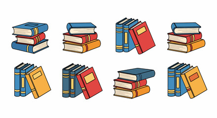Collection of various book stacks, showcasing different colors and arrangements, perfect for education.
