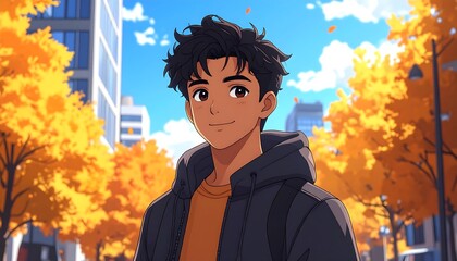Digital art of a smiling young person with dark hair, a backpack, and fall foliage in a city. Bright blue sky