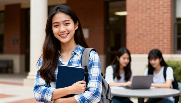education and campus life portrait of asian college student outdoors