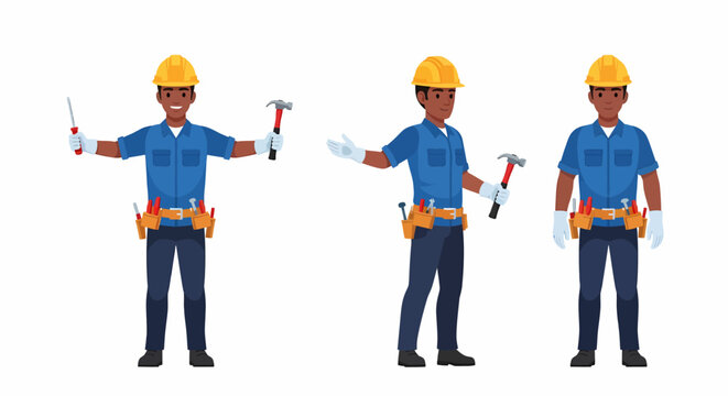 Three illustrations of a construction worker in a blue uniform and yellow hard hat holding tools. - Powered by Adobe