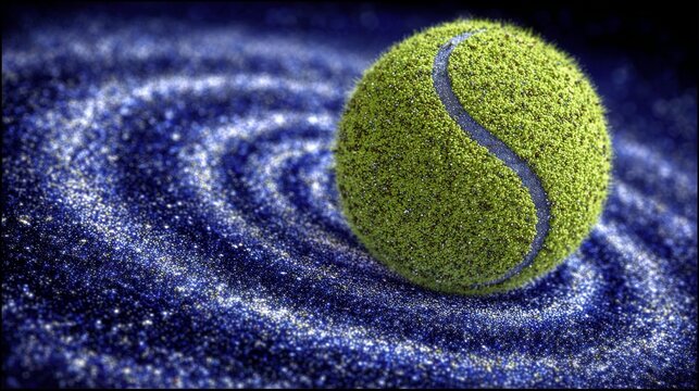 A tennis ball is depicted in a surreal close-up, suspended in space amidst a swirling blue water vortex and radiant particles