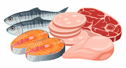 An assortment of fresh and processed meat and fish products including salmon, beef, chicken, and sausage.