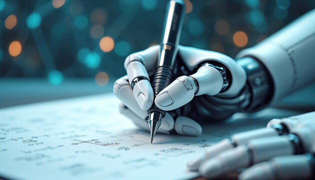 Robot hand writes with pen on paper with complex formulas and diagrams. Futuristic AI technology creates content, solves problems, and does intellectual work. Machine intelligence assists with tasks.