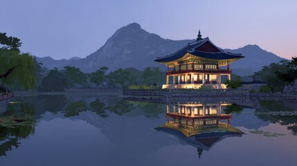 Fototapeta premium Media art illuminates a traditional Korean fortress gate in Seoul, South Korea, a must-see travel spot