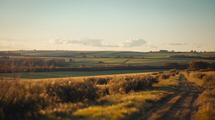 A cinematic photo of a serene horizon with lush green fields stretching into the distance