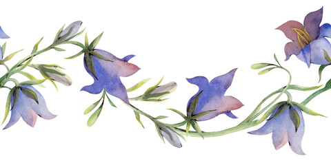 Horizontal seamless border with bells on an isolated background. Watercolor illustration of wildflowers. A botanical template for textile and wallpaper design.