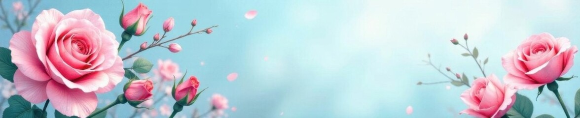 Delicate watercolor roses, soft blue background, vintage, roses, nature