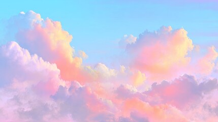 Cotton candy clouds of pink, along with ordinary clouds, inhabit a sky that is a gorgeous rainbow color, creating a breathtaking scene of pink clouds, clouds, and floating cotton candy clouds