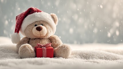 A brown teddy bear is shown wearing a Santa hat and holding a Christmas gift box