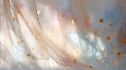 A dreamy watercolor invitation with scattered golden stars and cloudy pastel brushstrokes softly illuminated by morning light filtering
