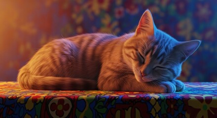 Sleeping tabby cat on a colorful floral surface