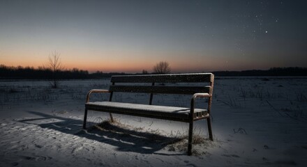 Snowy bench at dusk under the stars