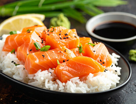 Delicious Salmon Sashimi Donburi with Rice and Soy Sauce