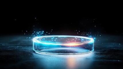 A close-up shot of a glass petri dish with glowing blue and orange particles swirling around its rim, set against a dark, textured surface.