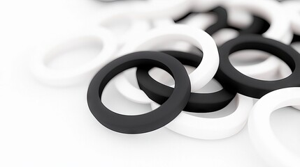 A pile of black and white circular rings are scattered on a white surface, creating a visually striking contrast.