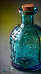 The cosmetic package is a green bottle with water drops, focusing on the product and its appearance in a close-up shot